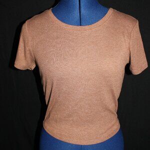 Bozzolo Crop Top Tee T-Shirt Crew Neck Short Sleeve Ribbed Brown Large L